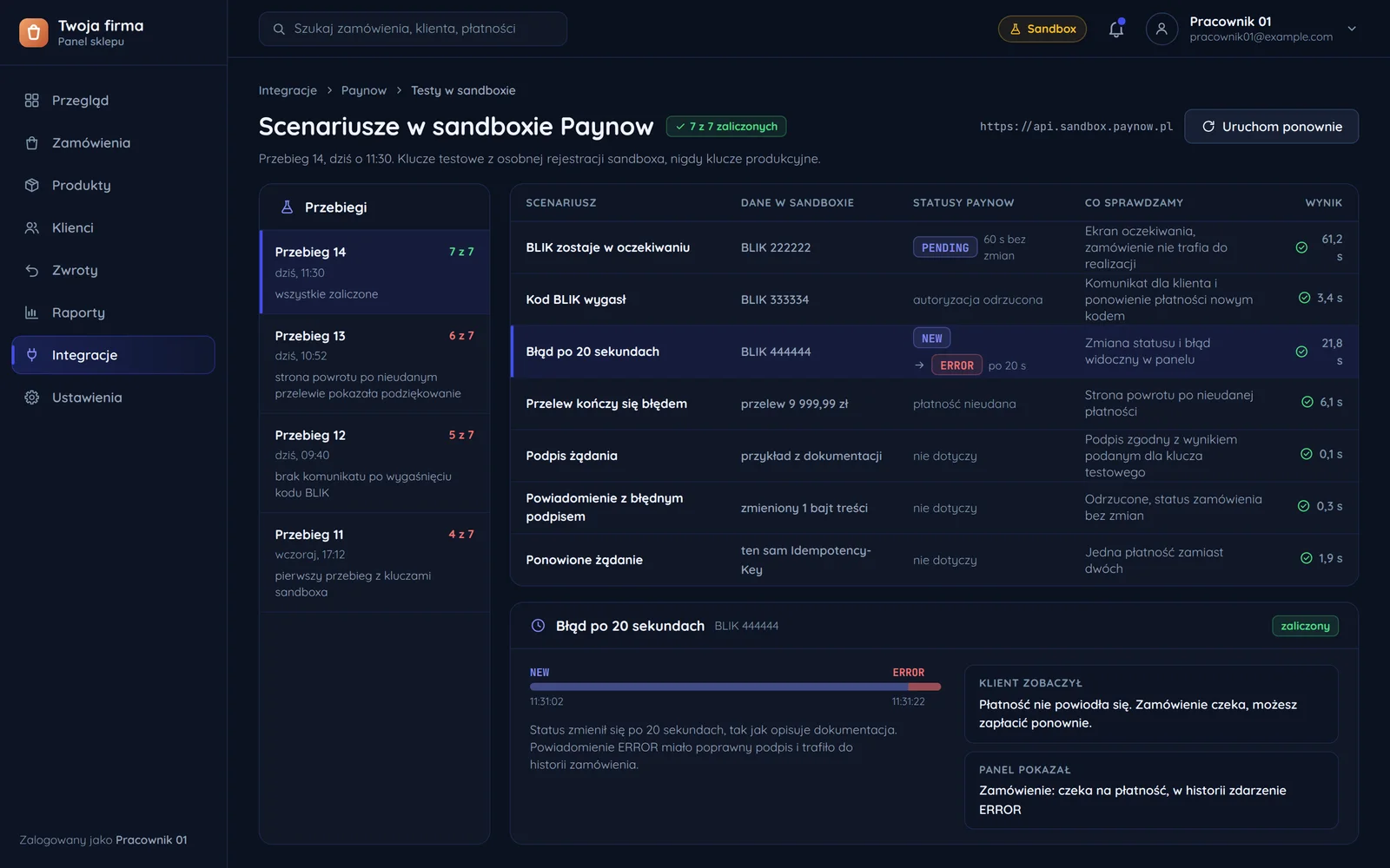 Panel sklepu: przebieg scenariuszy w środowisku testowym Paynow, tabela kodów BLIK, przelewu testowego i statusów oraz szczegóły błędu po 20 sekundach