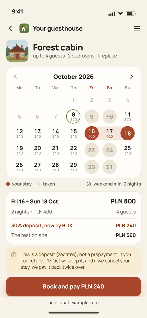 A cabin's calendar on a phone: the chosen stay, taken days, the price of the nights, the BLIK deposit and the rest on arrival