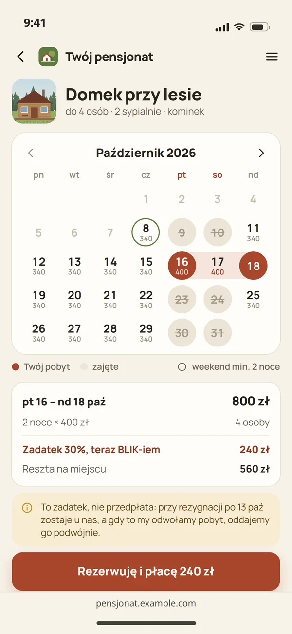 Kalendarz domku na telefonie: wybrany pobyt, zajęte dni, cena za noce, zadatek BLIK-iem i reszta na miejscu
