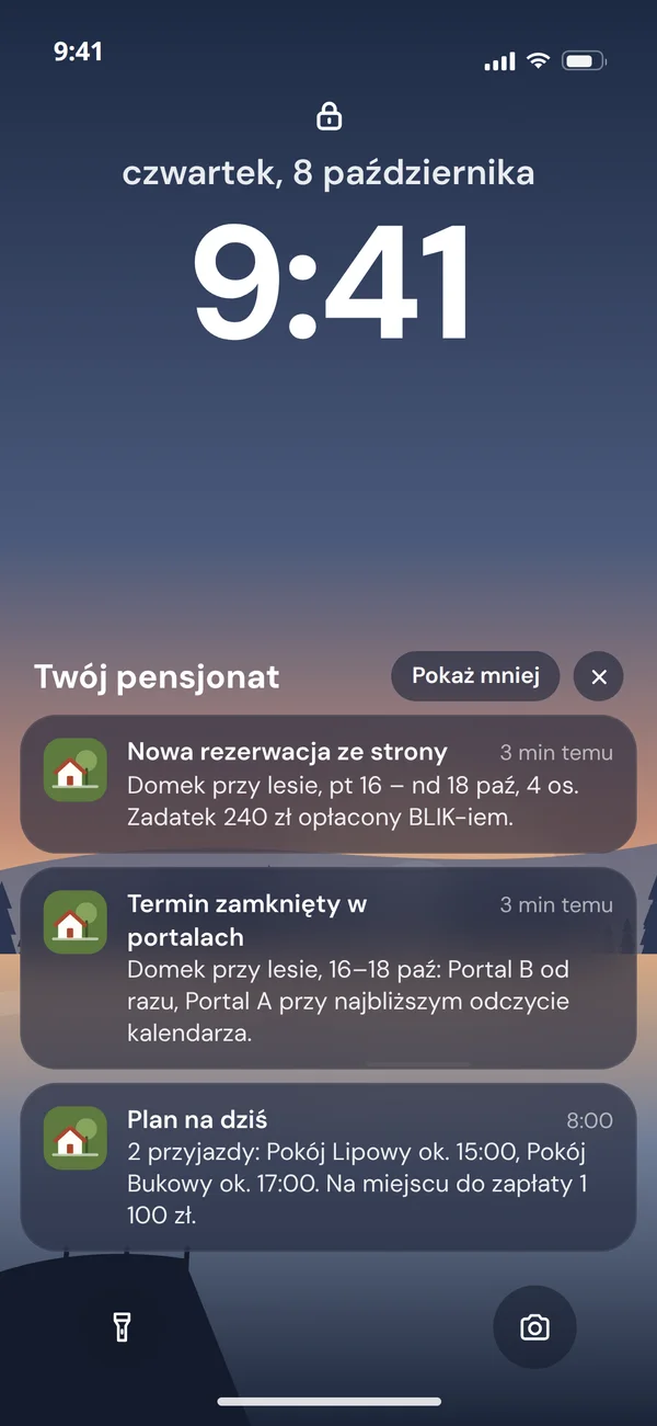Ekran blokady telefonu z powiadomieniami o rezerwacji