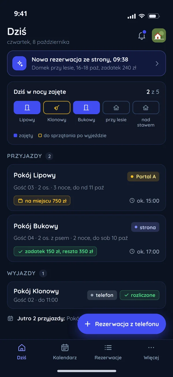 Ekran z listą przyjazdów i wyjazdów na dziś