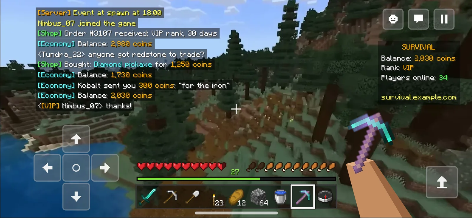 Sample screen: the game chat on a phone with an order received from the store, the pickaxe purchase, the balance after it and a payment from another player