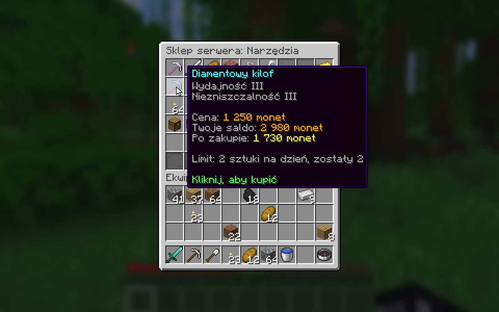 Sklep serwera Minecraft w oknie ekwipunku z ceną, saldem i dziennym limitem
