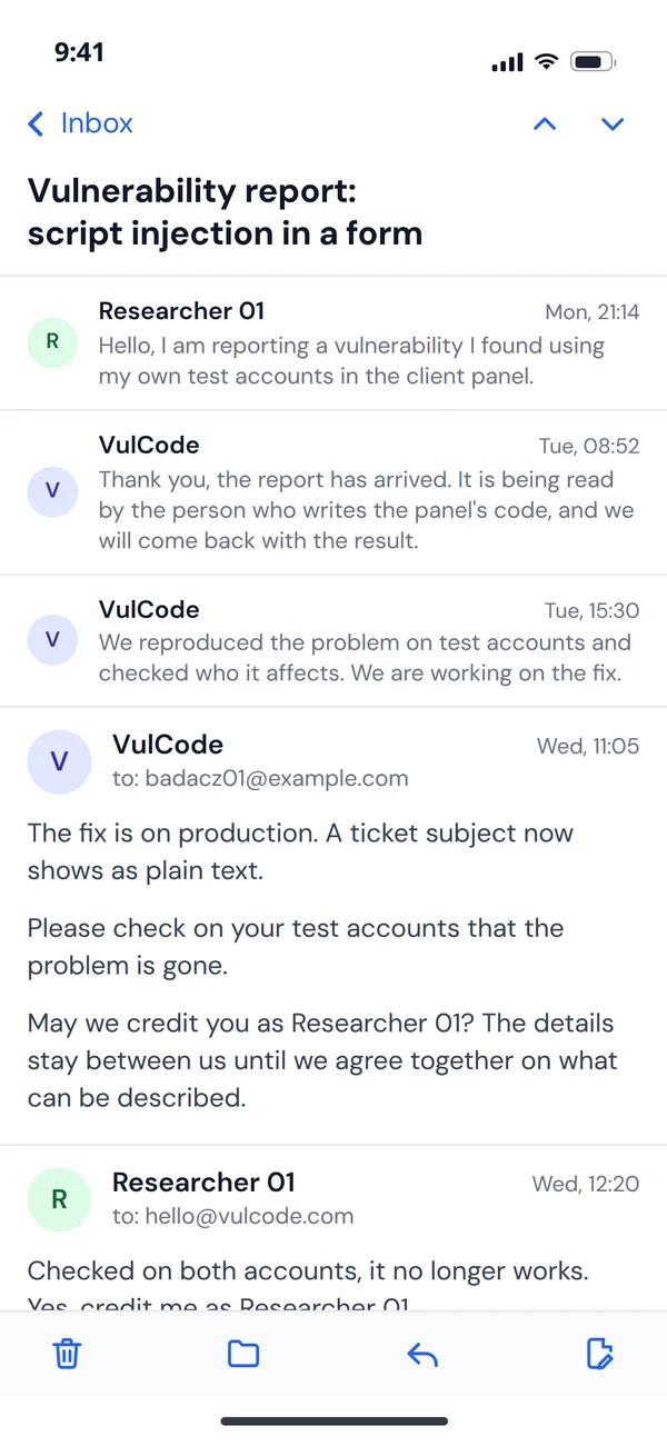 The vulnerability report thread on a phone with the VulCode replies