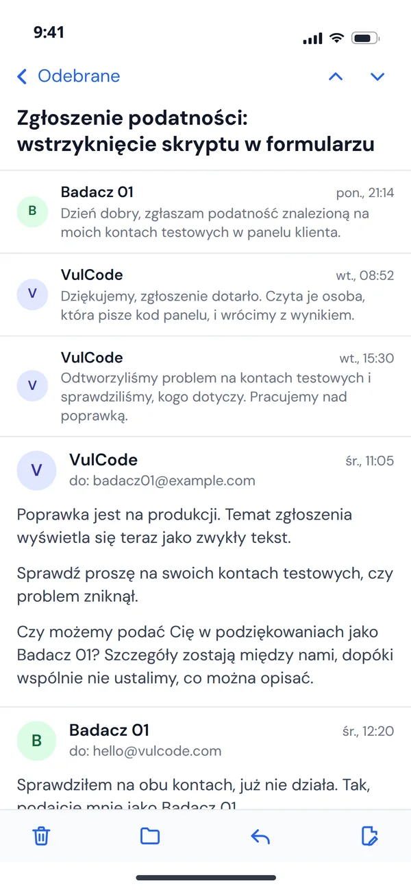 Wątek zgłoszenia podatności na telefonie z odpowiedziami VulCode
