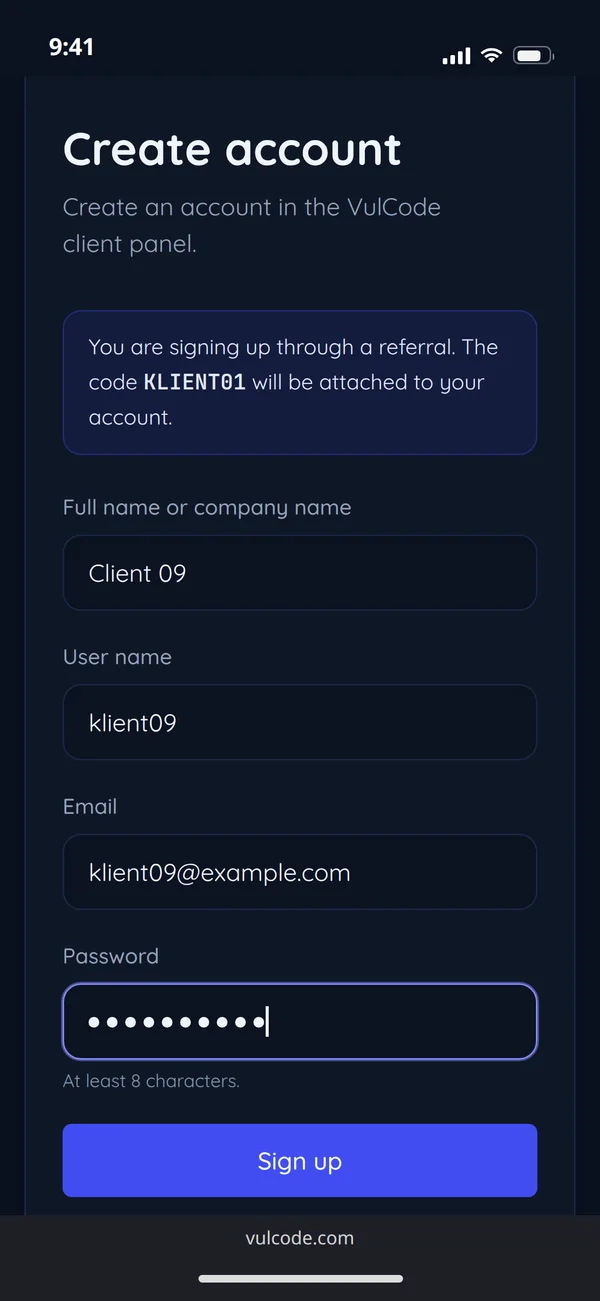 Signing up in the client panel with the note that the referral code will be attached to the account