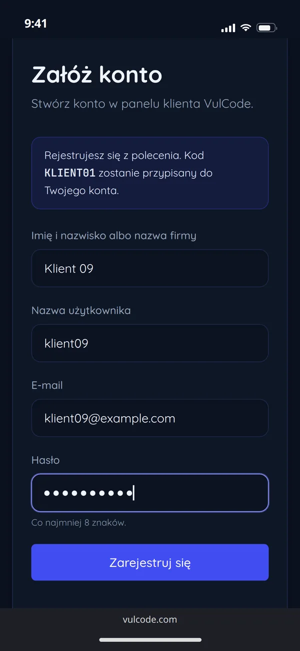 Rejestracja w panelu klienta z informacją, że kod polecający zostanie przypisany do konta