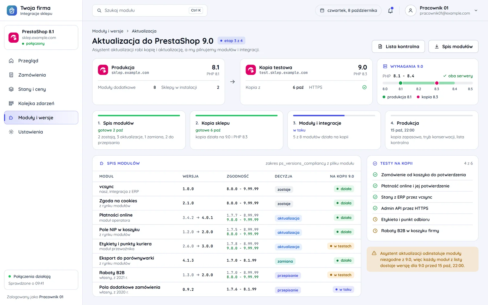Plan aktualizacji sklepu do PrestaShop 9.0 w panelu integracji: etapy, wymagania PHP obu serwerów, spis modułów z zakresem zgodności i testy na kopii