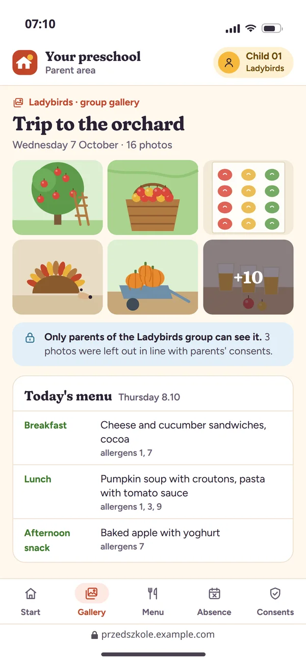A group album in the parent area with today's menu