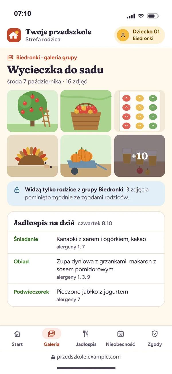 Galeria grupy w strefie rodzica z jadłospisem na dziś