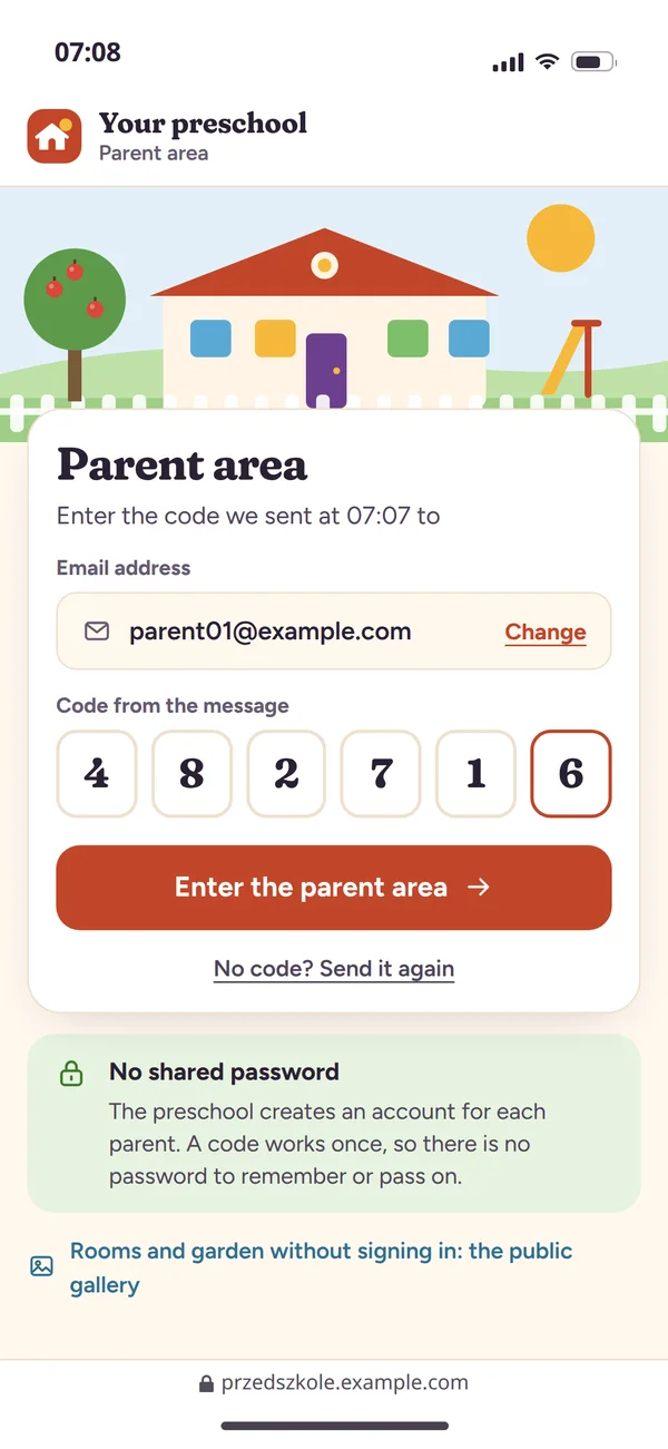 Parent area sign-in screen