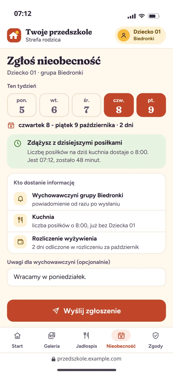 Formularz zgłoszenia nieobecności dziecka