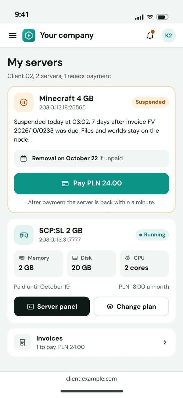 A hosting client panel on a phone with an SCP:SL server