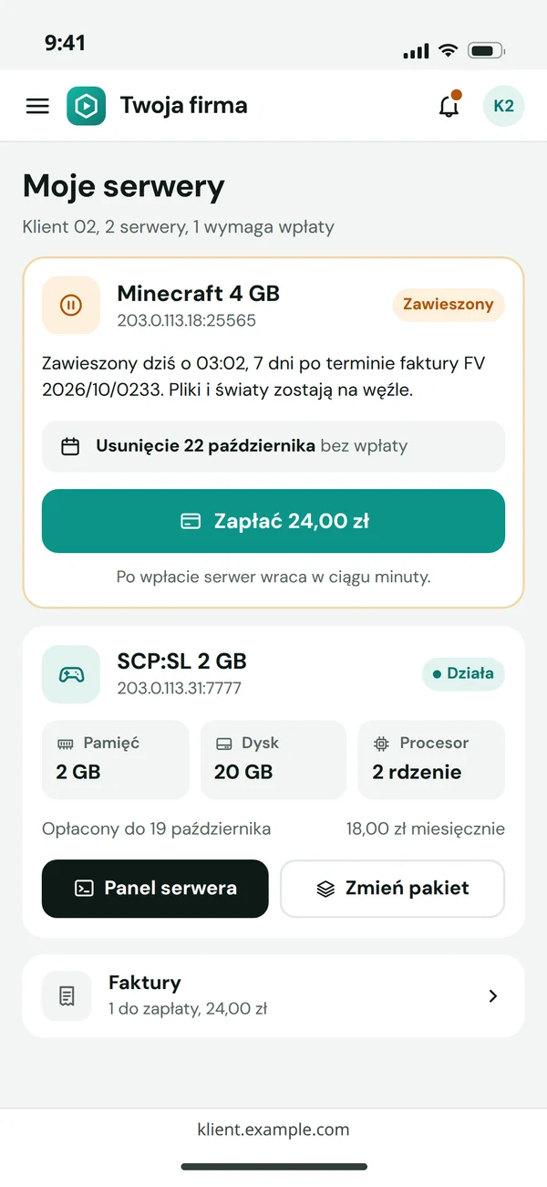 Panel klienta hostingu na telefonie: serwer Minecraft zawieszony za brak płatności z datą usunięcia i przyciskiem zapłaty oraz działający serwer SCP:SL z przyciskiem zmiany pakietu