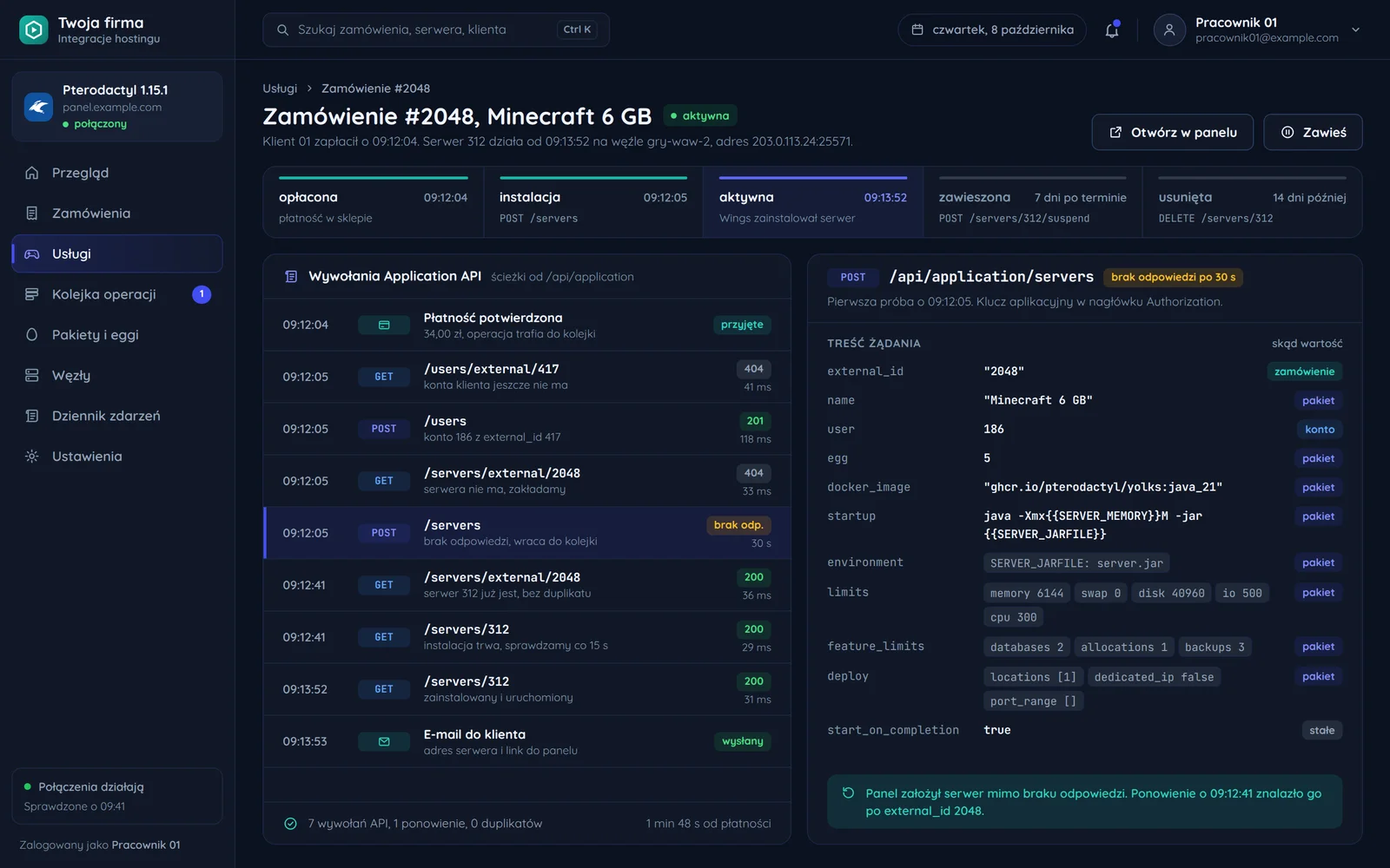 Zamówienie serwera gry z wywołaniami Application API Pterodactyla