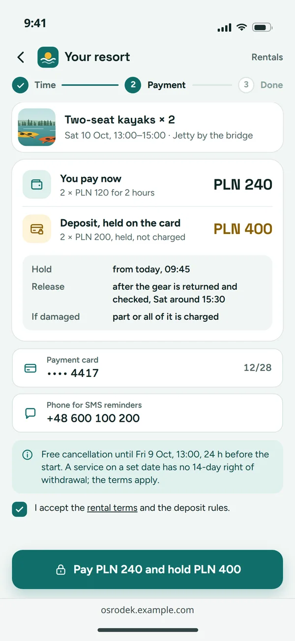 Payment summary with a deposit and terms acceptance