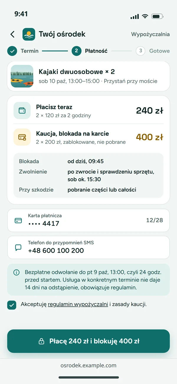 Podsumowanie płatności z kaucją i zgodą na regulamin
