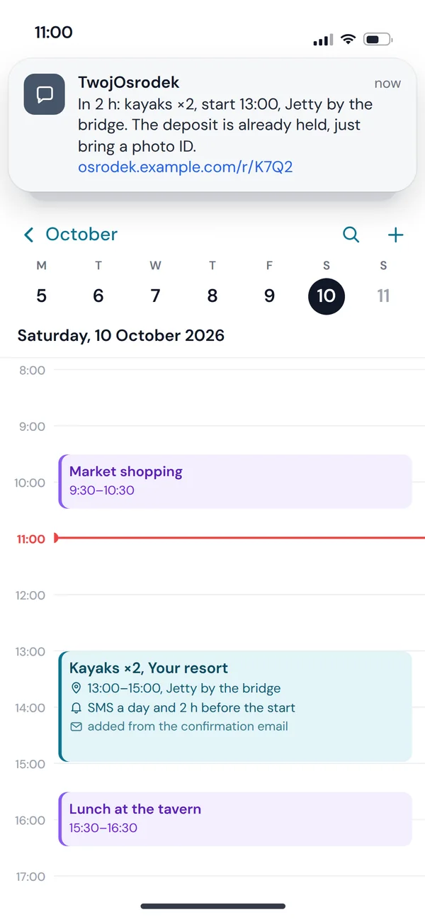SMS reminder and calendar entry