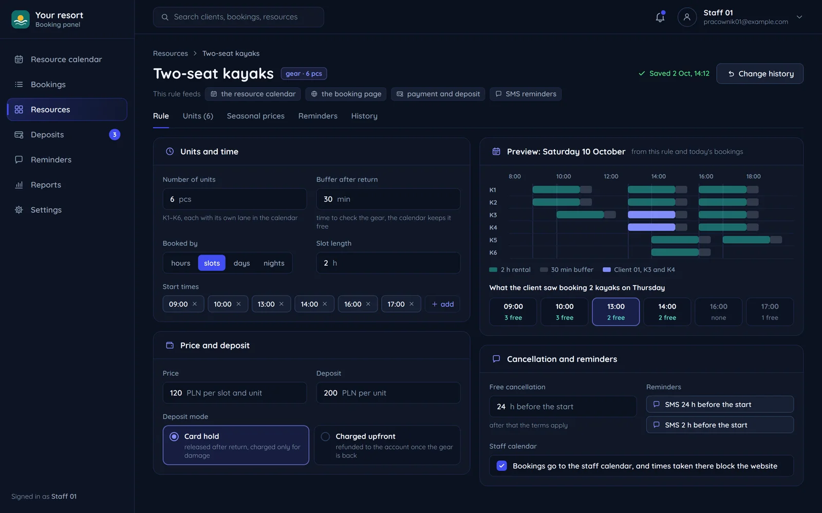 The "Two-person kayaks" resource rule in the panel: six units, a 30-minute buffer after return, two-hour slots with start times, the price and the deposit as a card hold, free cancellation up to 24 hours before the start and SMS reminders, with a preview of the day