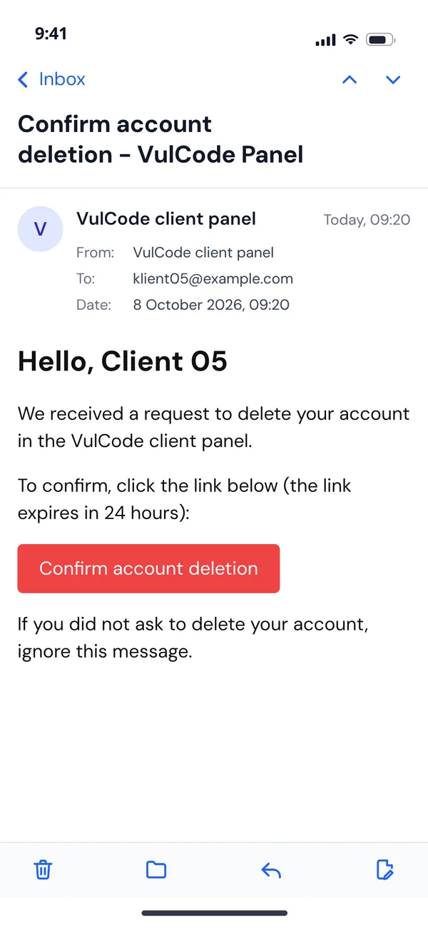 An email from the VulCode client panel with the account deletion link, valid for 24 hours