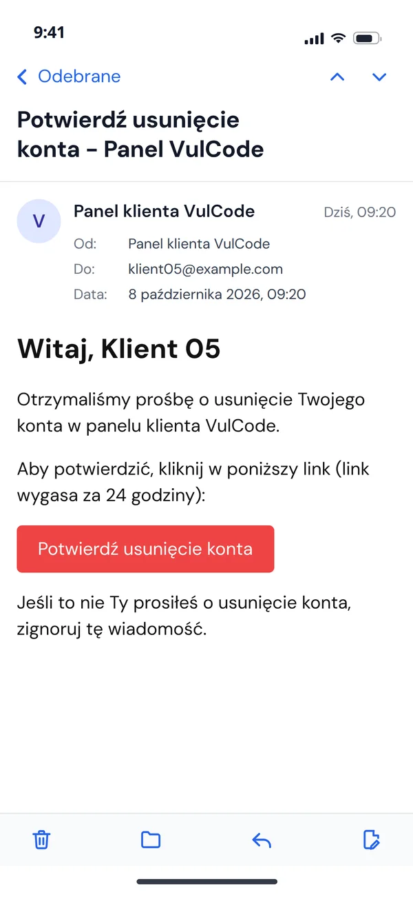 E-mail z panelu z przyciskiem potwierdzenia usunięcia konta, link wygasa za 24 godziny