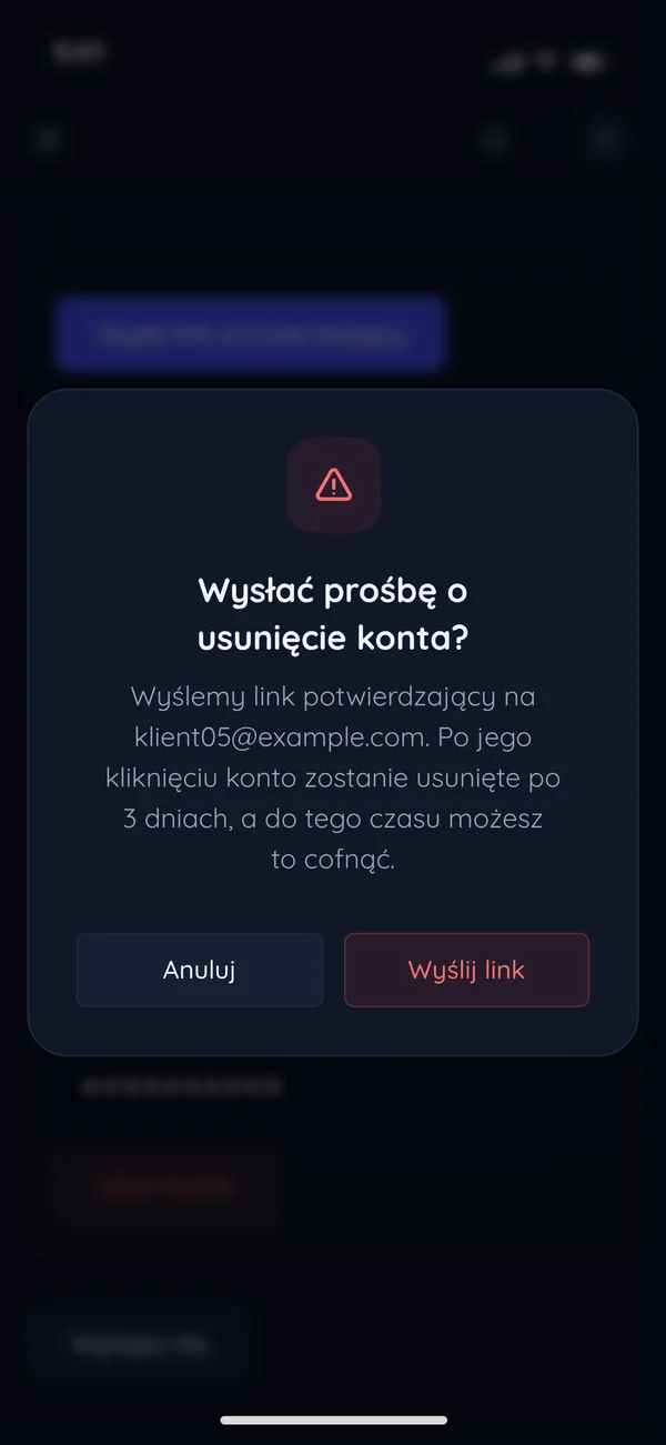 Okno w panelu: wysłać prośbę o usunięcie konta? Link potwierdzający trafi na e-mail, konto zniknie po 3 dniach
