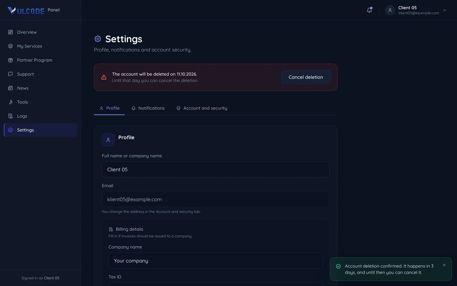 Account settings with a scheduled deletion and a cancel button