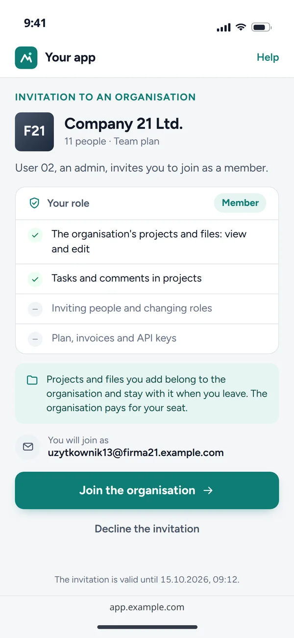 An invitation to the organisation with the role described, on a phone