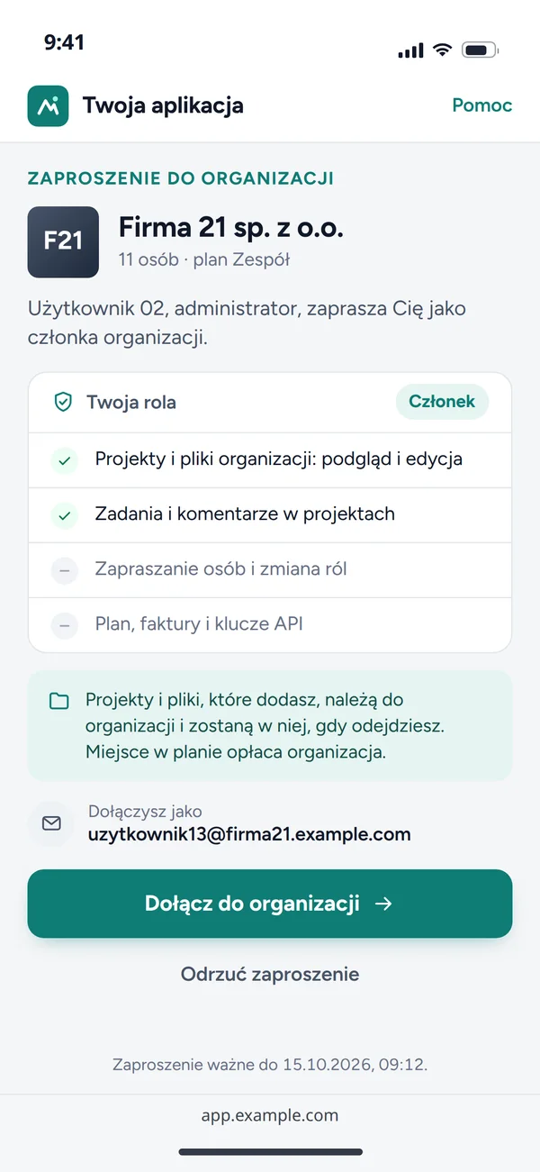 Zaproszenie do organizacji z opisem roli, na telefonie