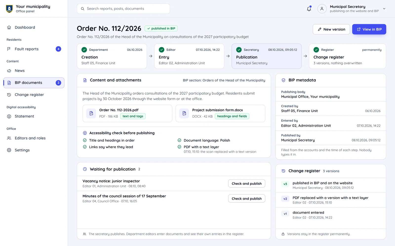 The office panel with an order published in BIP, its metadata and change log