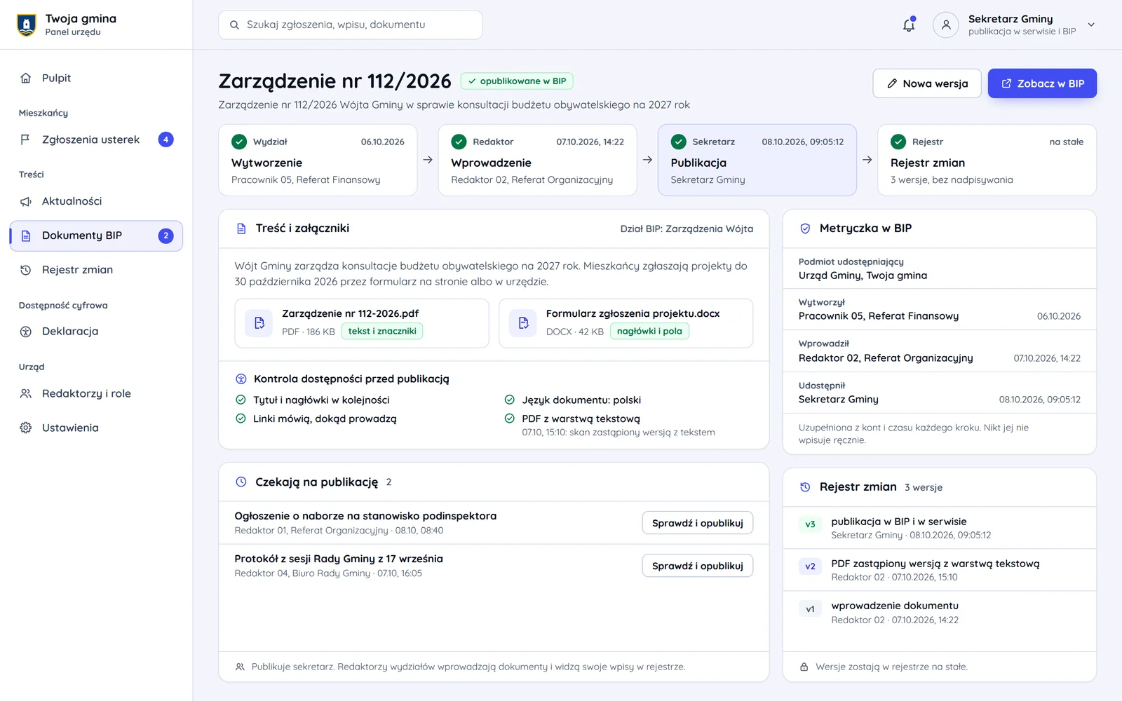 Panel urzędu z zarządzeniem opublikowanym w BIP, jego metryczką i rejestrem zmian