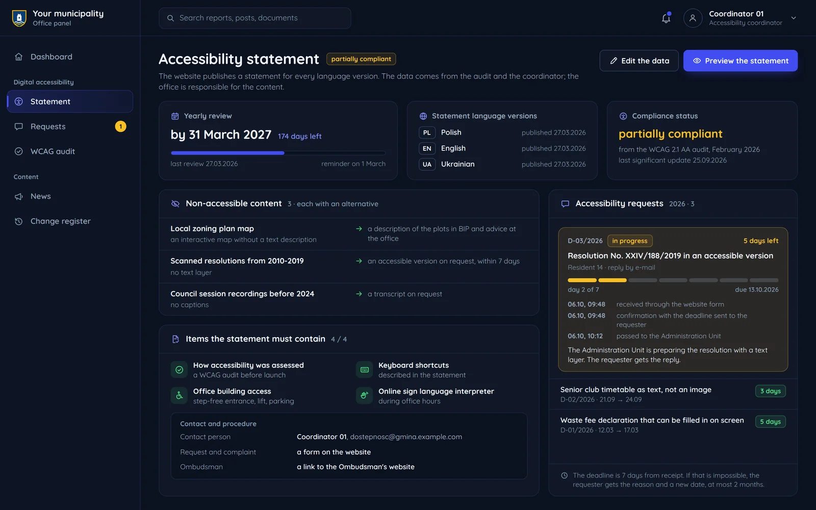 The accessibility statement panel with the annual review, language versions, non-accessible content and requests