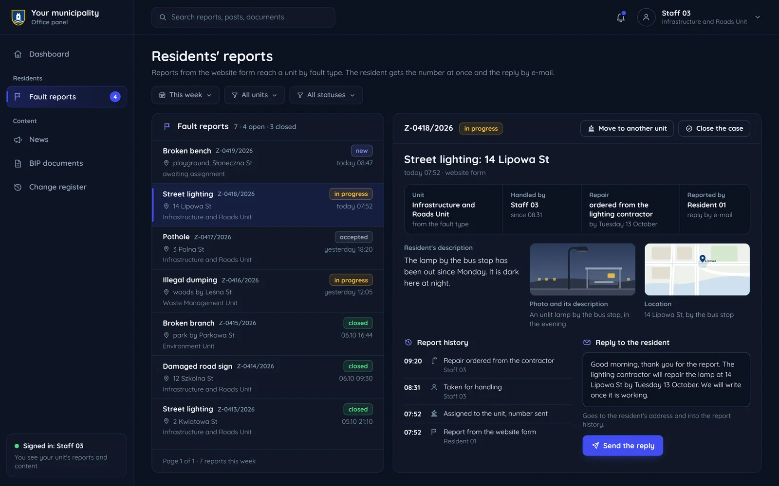 The office panel with residents' reports and the same report in its unit