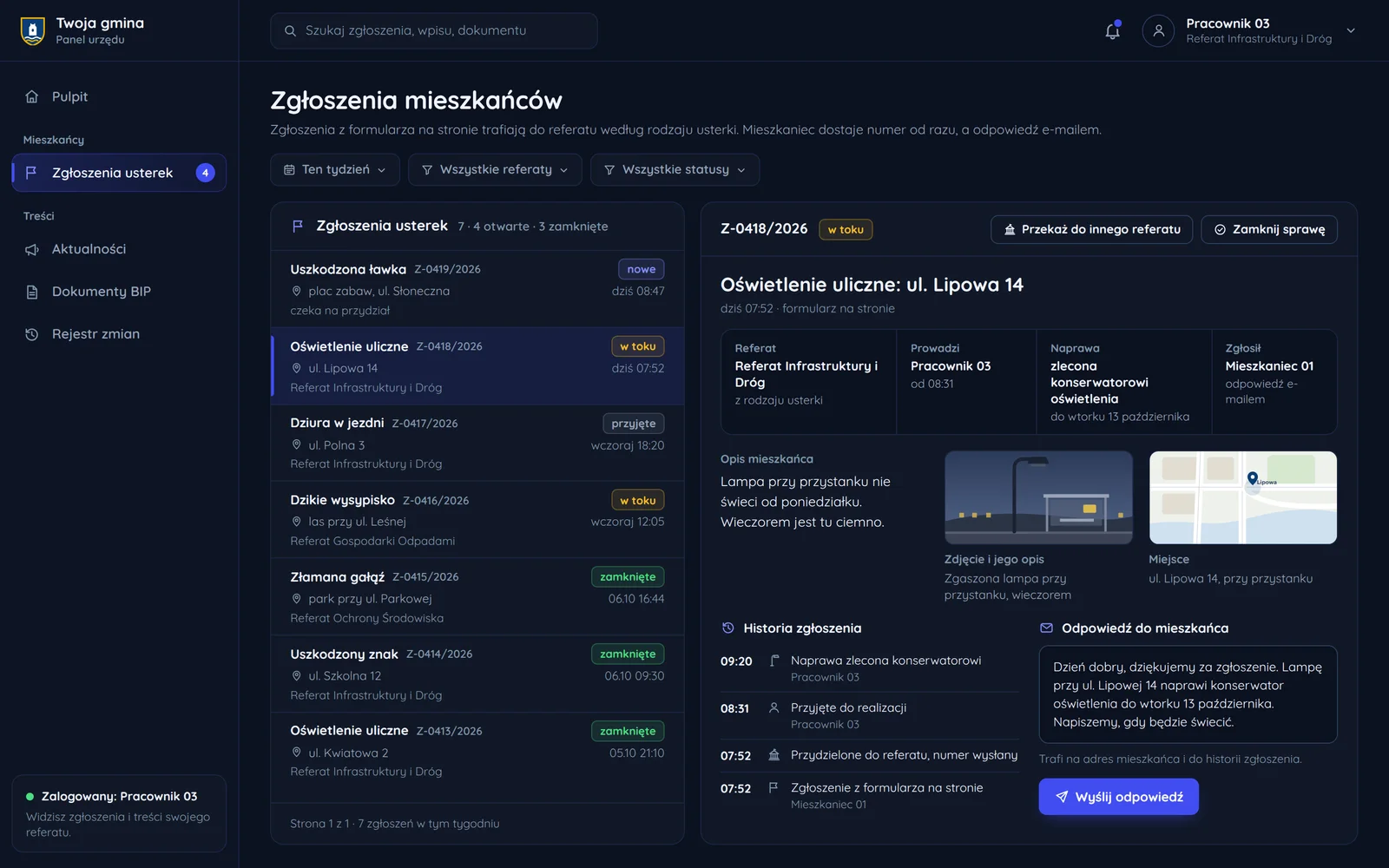 Panel urzędu z listą zgłoszeń mieszkańców i tym samym zgłoszeniem w referacie