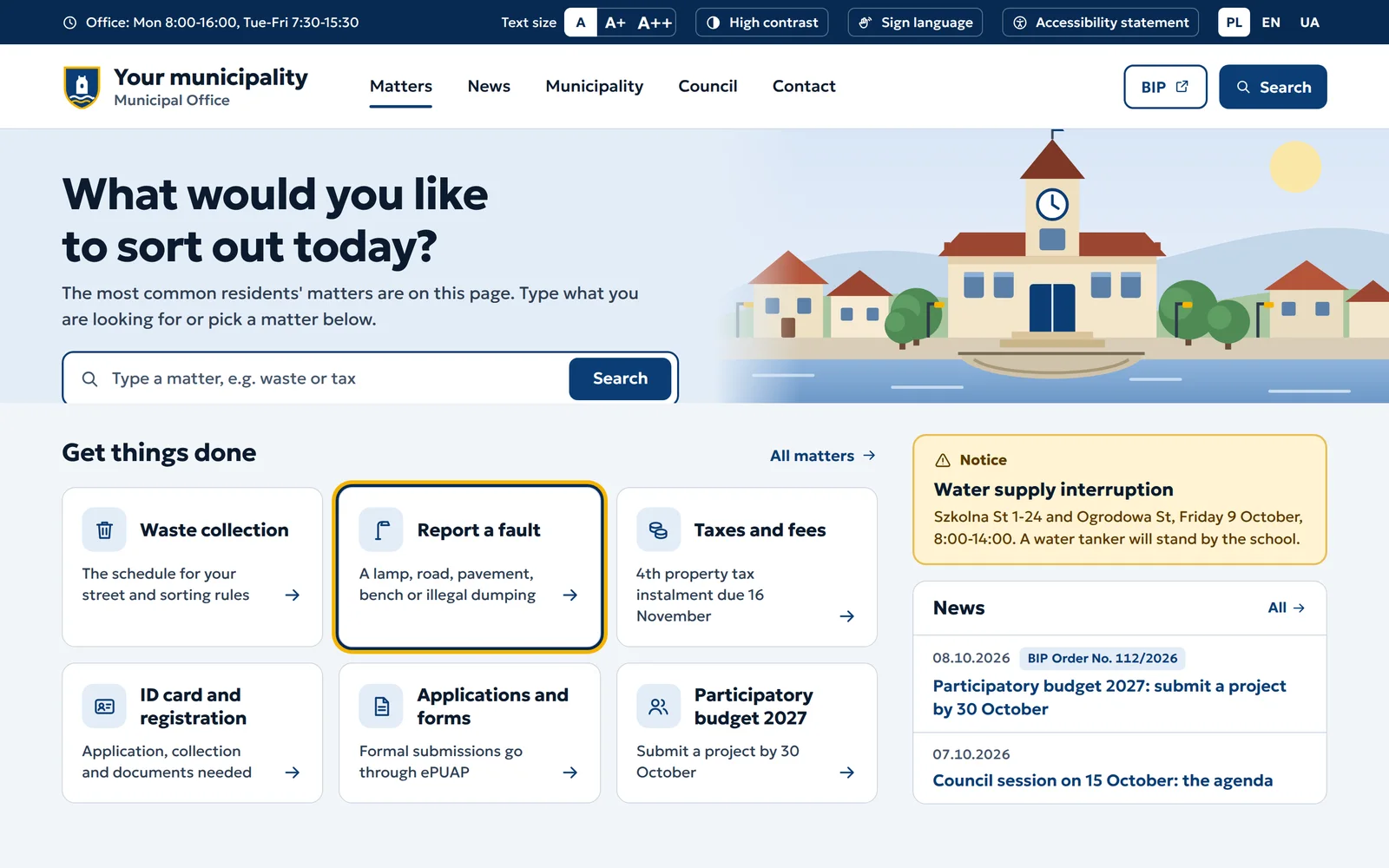A municipality website with matters to settle
