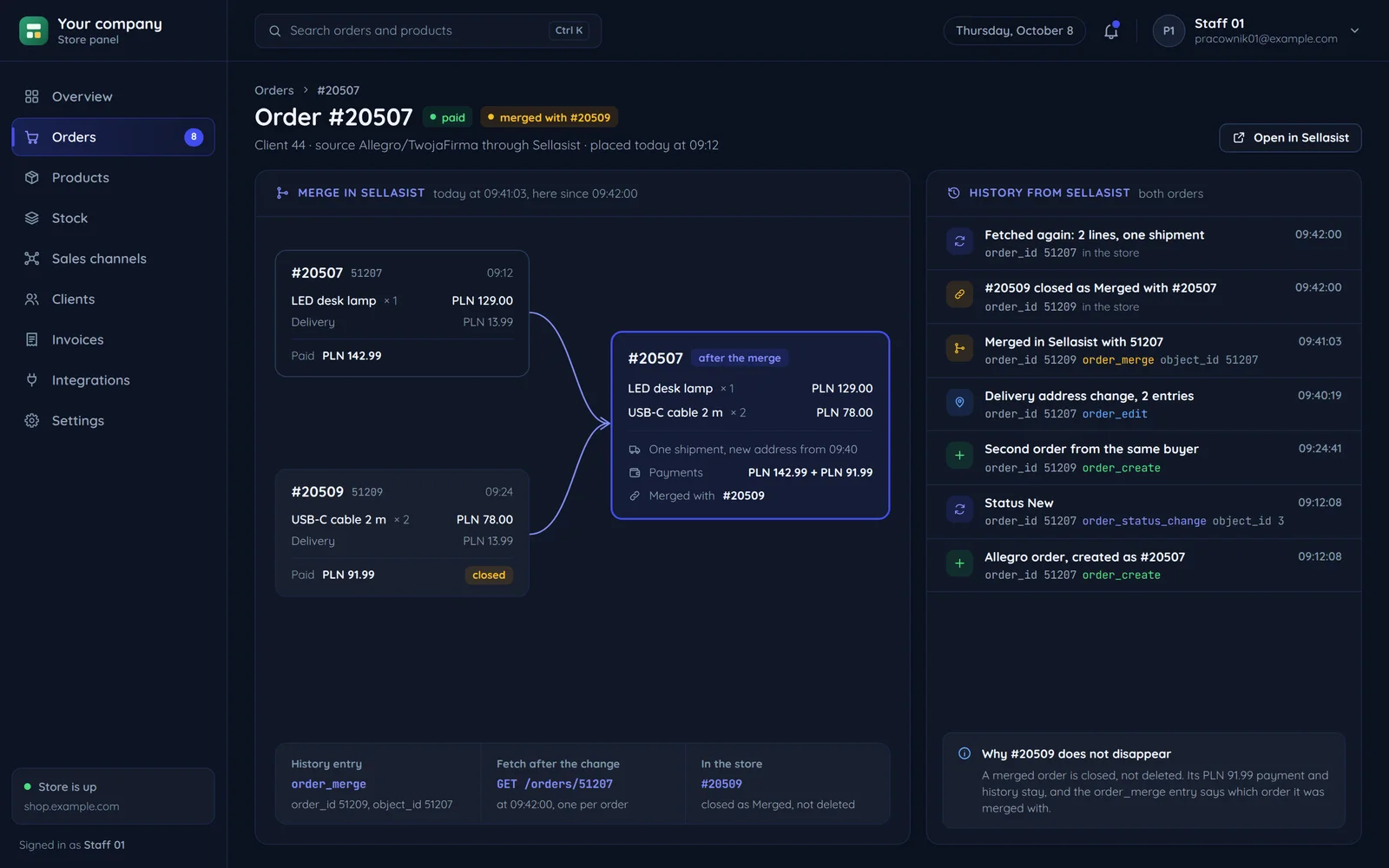 A store order after a merge in Sellasist: two orders of the same buyer, the order after the merge with one shipment and both payments, the history of both from Sellasist with operation tags and why the merged order does not disappear