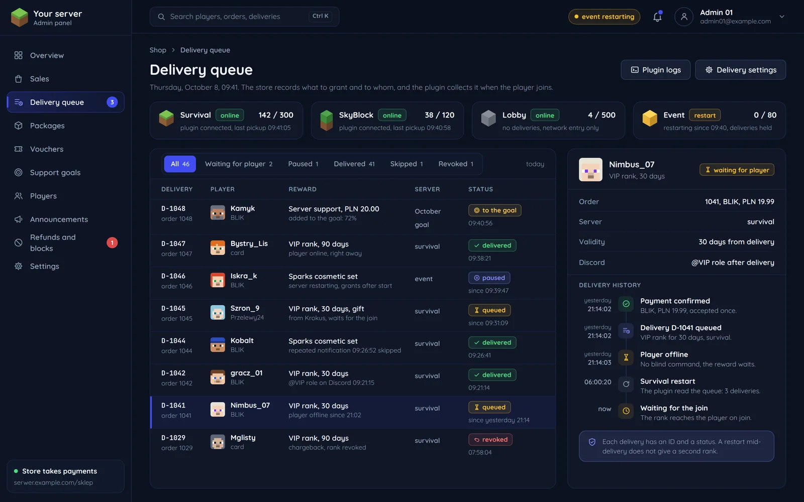 A server store panel with the queue of rewards waiting for players