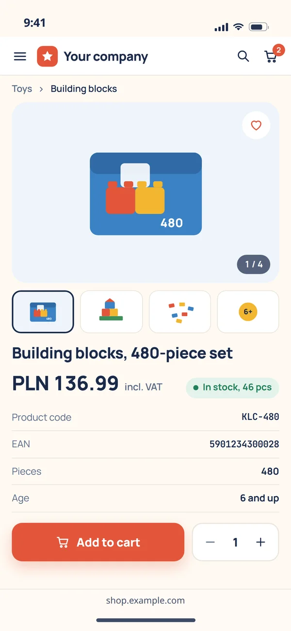 A product page of a Shoper store on a phone: the price with VAT, availability, product code, EAN, images and the add to cart button