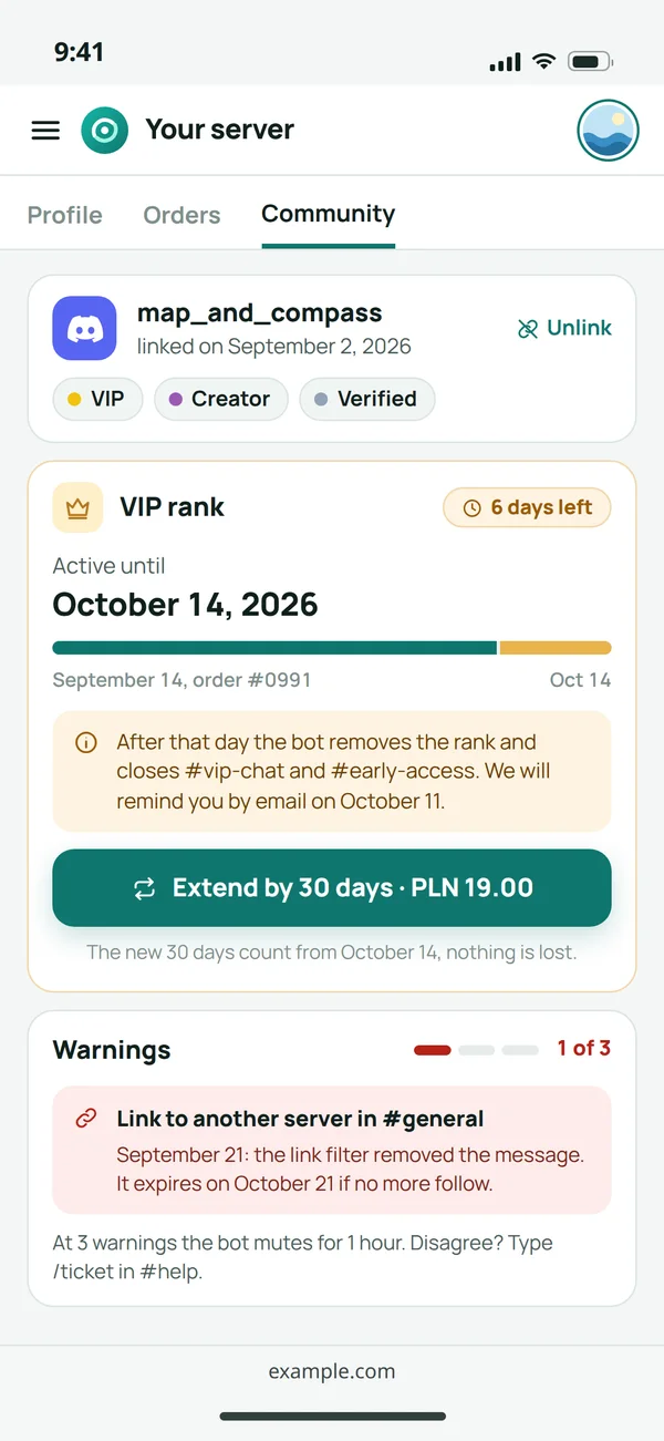 A member's website account: the linked Discord, the VIP rank with its end date and renewal, and the warning history
