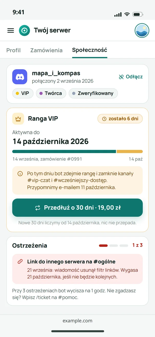 Konto członka na stronie: połączony Discord, ranga VIP z datą końca i przedłużeniem oraz historia ostrzeżeń