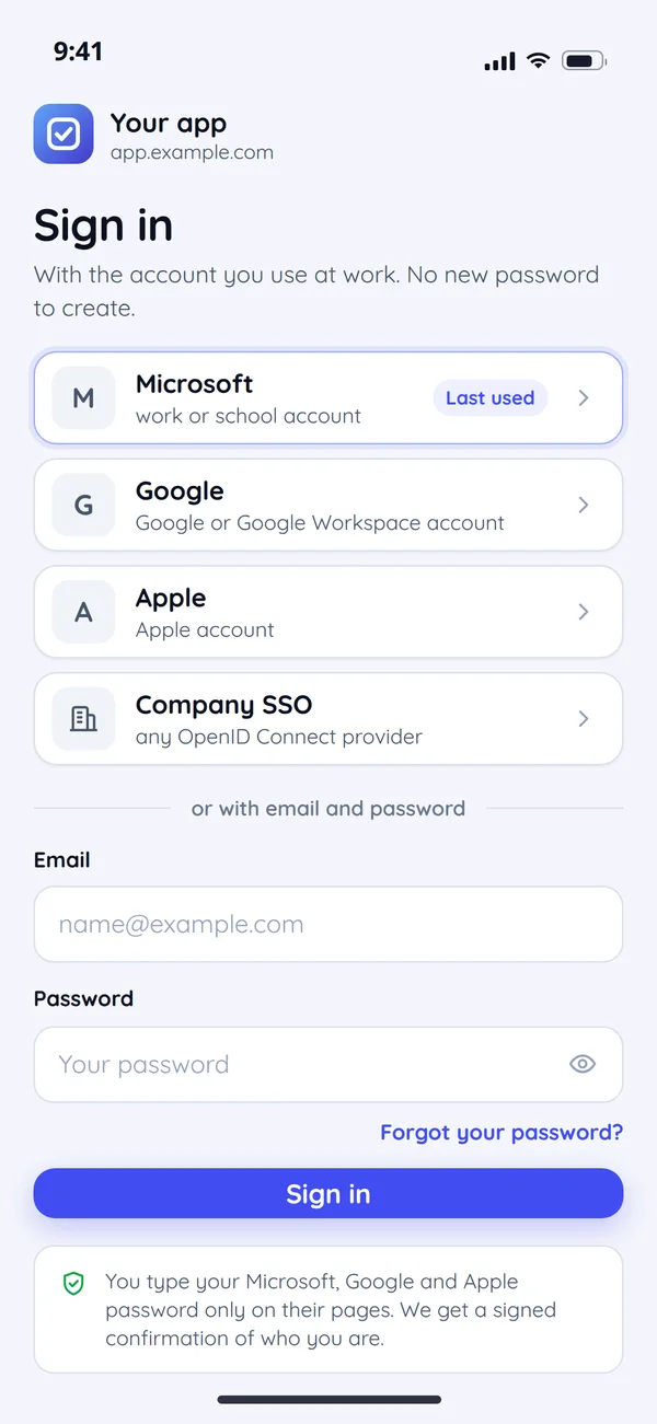 An app's sign-in screen on a phone: Microsoft, Google, Apple, company SSO or email and password