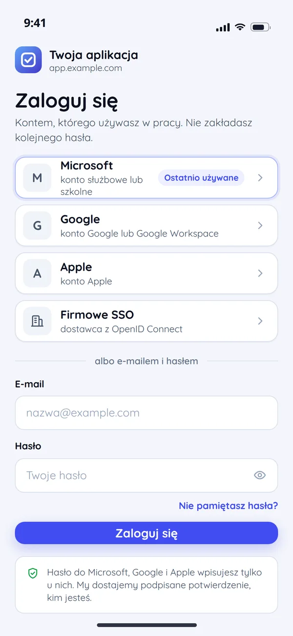 Ekran logowania aplikacji na telefonie: Microsoft, Google, Apple, firmowe SSO albo e-mail i hasło