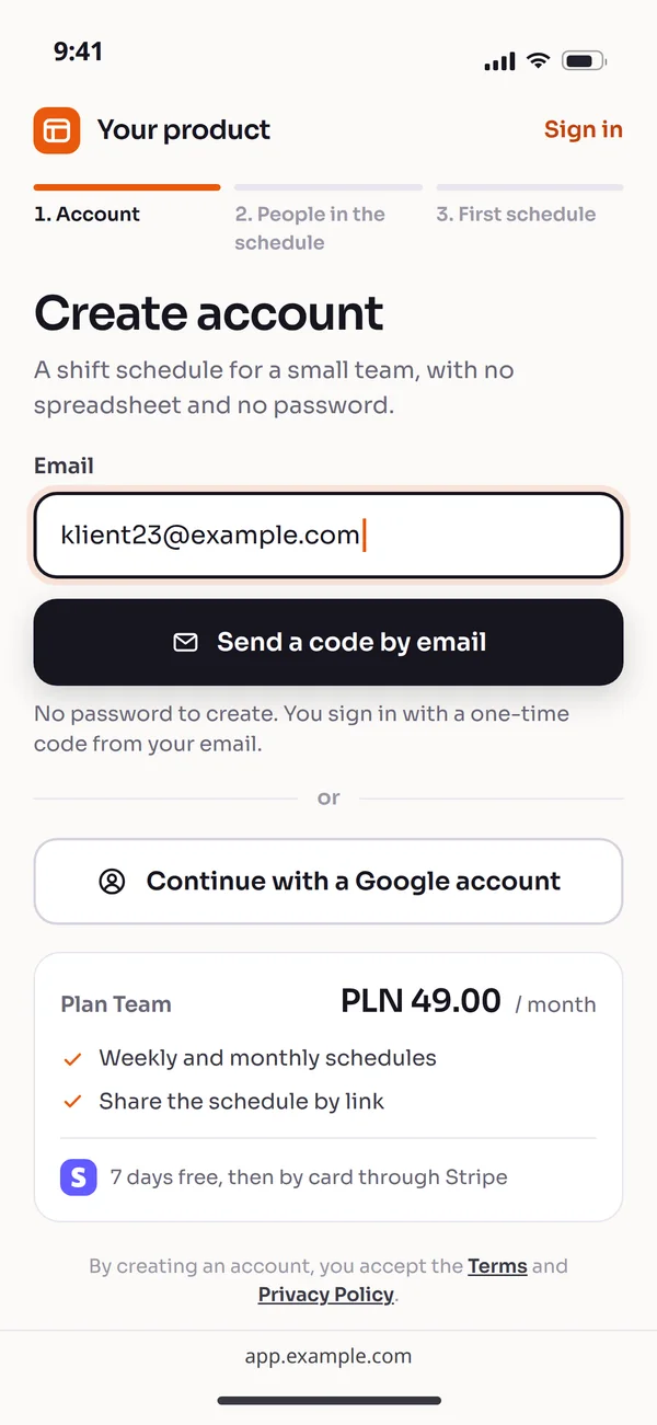 Sign-up in the app on a phone: an email code or a Google account and the Team plan with a free period