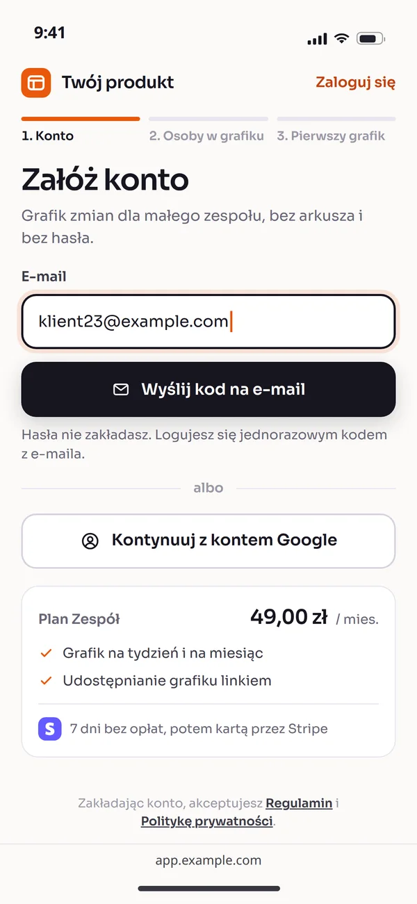 Rejestracja w aplikacji na telefonie: e-mail z kodem albo konto Google i plan Zespół z okresem bez opłat