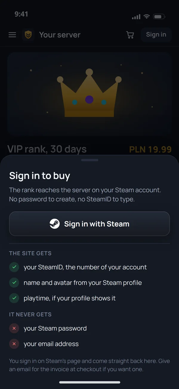 The sign-in sheet of the server store: the Sign in with Steam button and what the site will and will not get