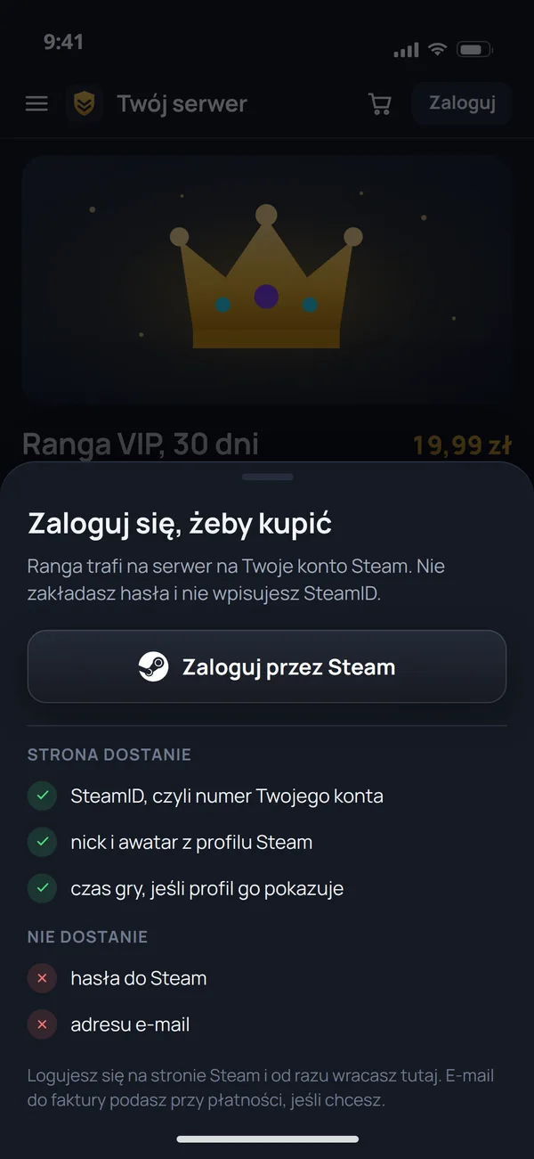 Sklep serwera na telefonie: logowanie przez Steam przed zakupem rangi VIP z listą tego, co strona dostanie, a czego nie