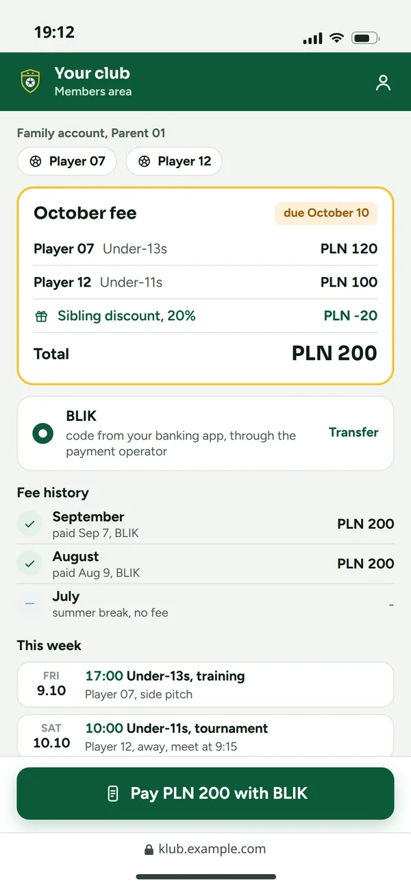 The members area, a family account: the October fee for two children with the sibling discount, BLIK payment, fee history and this week's sessions