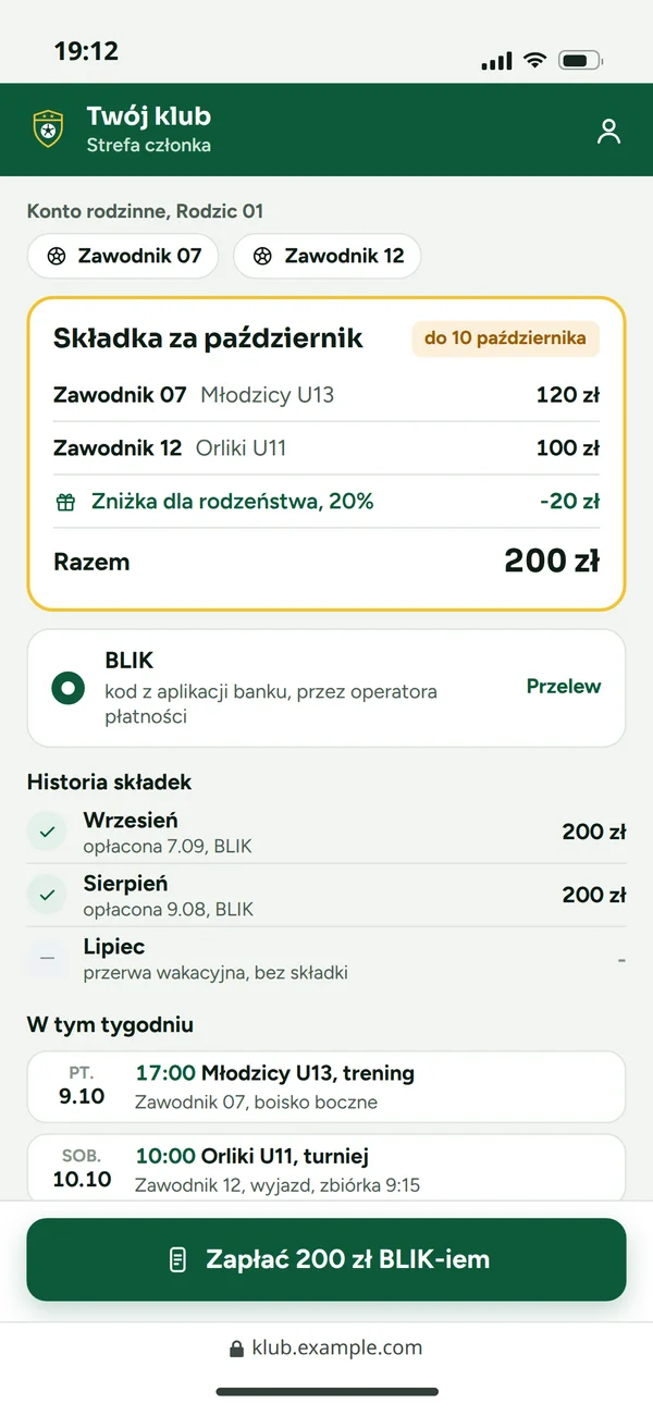 Strefa członka, konto rodzinne: składka za październik za dwoje dzieci ze zniżką dla rodzeństwa, płatność BLIK, historia składek i zajęcia w tym tygodniu