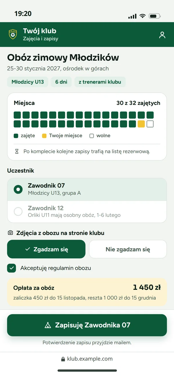 Zapis na obóz zimowy Młodzików: 30 z 32 miejsc zajętych, lista rezerwowa po komplecie, zgoda na zdjęcia i opłata za obóz