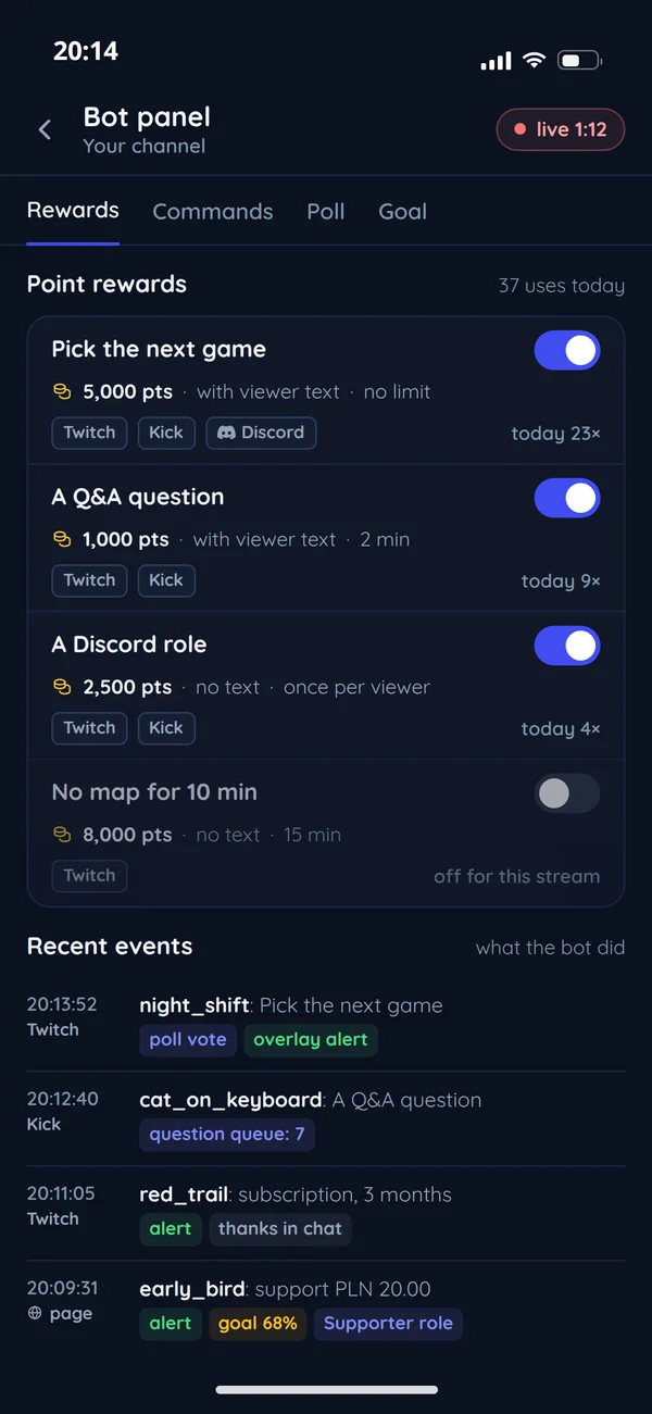 The bot panel on a phone: channel point rewards on Twitch, Kick and Discord, and the latest events with what the bot did